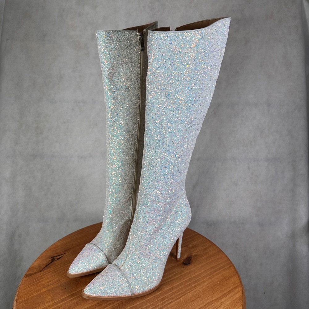 Unbranded Glitter Knee High Boots Womens 39 White Iridescent Good Stiletto Zip